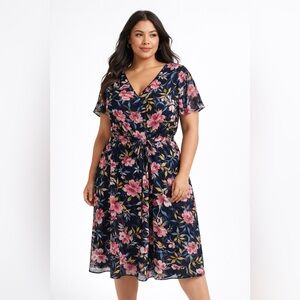 Lane Bryant Black Midi Dress with Pink Floral Print